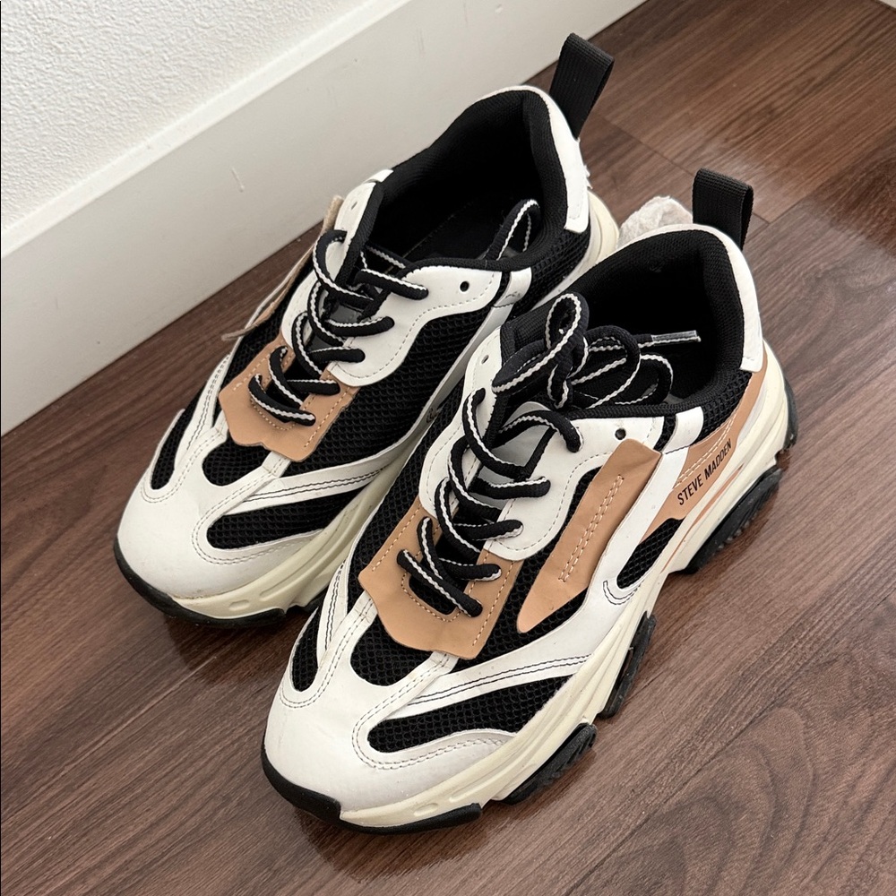 Steve Madden Black, White, and Tan Sneakers